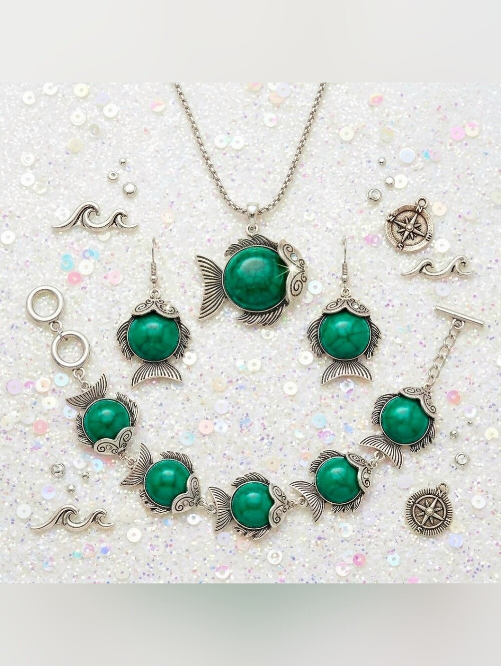 Silver plated green stone fish necklace earring bracelet set